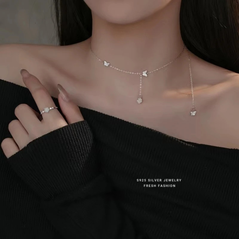 925 sterling silver solid color love asymmetric chain butterfly necklace womens sweet temperature party jewelry stamp gift 240925