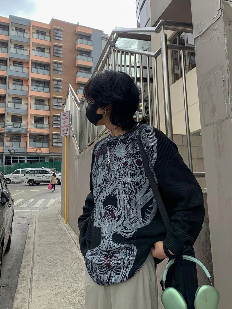 2023 Knitted Sweater Mens Hiphop Street Gothic Wool Retro Pullover Womens Y2K Harajuku Punk Style Spring 240930