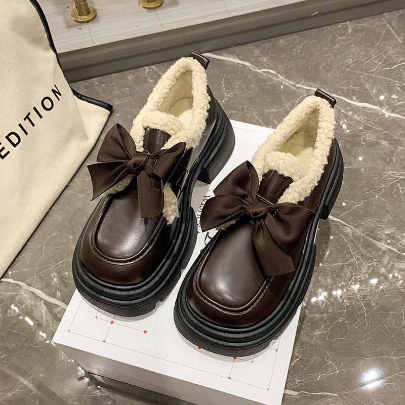 Women Casual Fashion Leather Shoes Thick Sole Chunky Heel Fleece Winter Warm Triple Black Beige Brown Free shipping