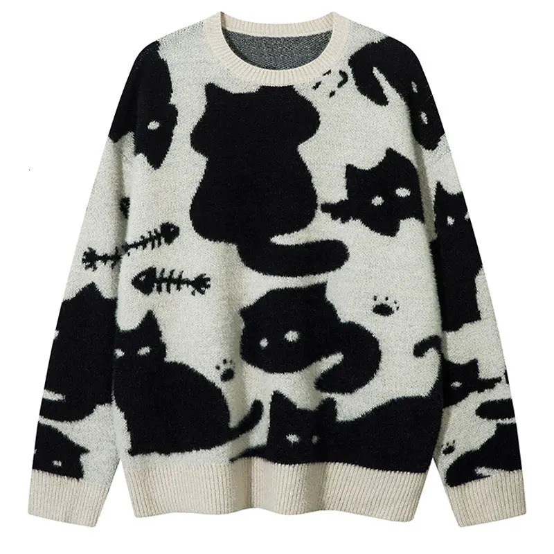 Harajuku sweater knitted cute cat fish oversized pull-out jumper mens hip-hop casual long sleeved comfortable sweater streetwear pink 240930