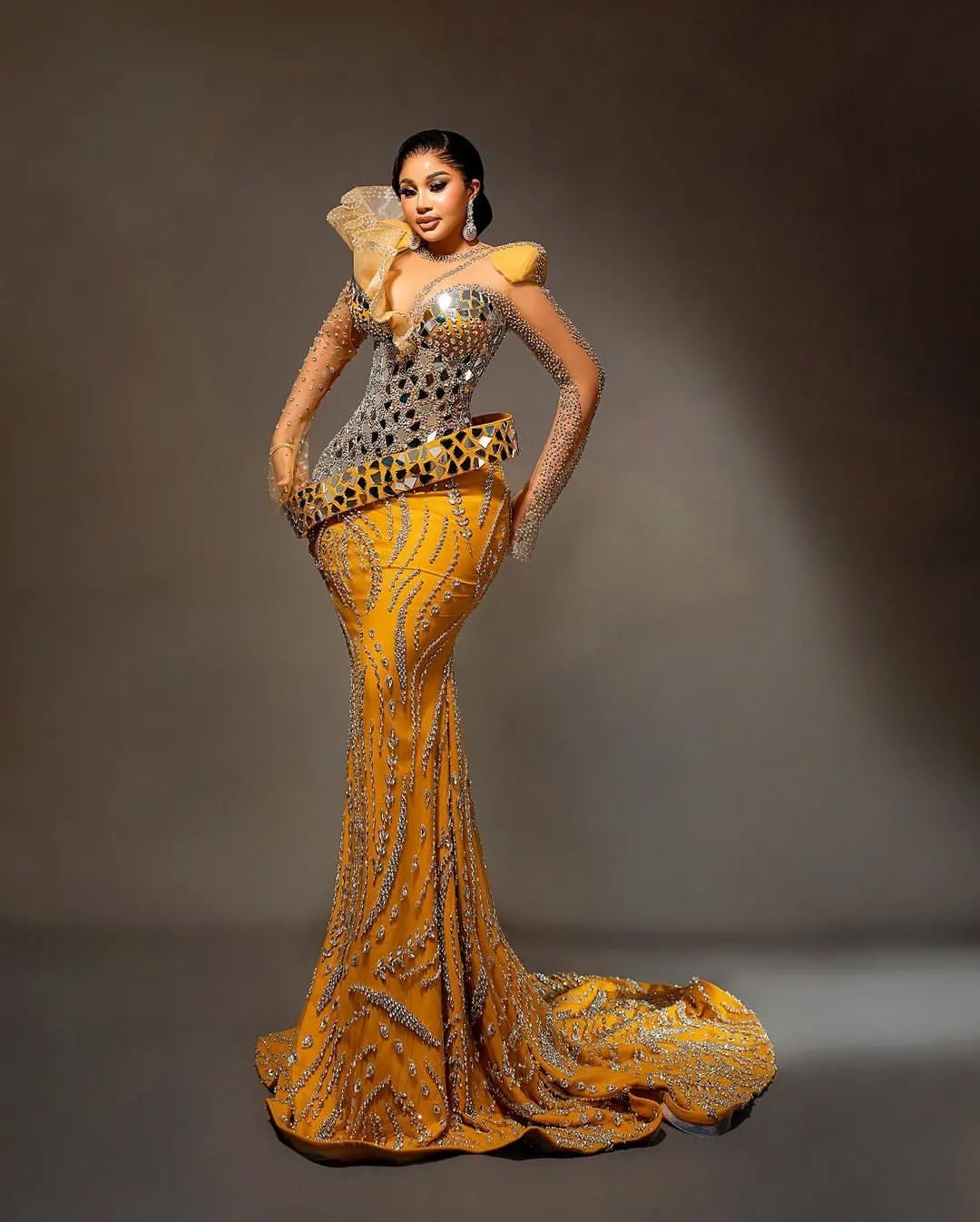 Aso Ebi 2024 Yellow Mermaid Prom Dresses Rhinestones Beaded Sequined Lace Evening Formal Party Second Reception Birthday Gowns Dress For Special Occas