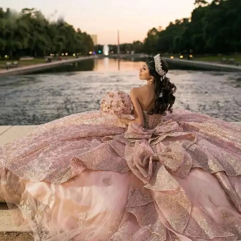 Pink Quinceanera Dresses Ball Gown For Sweet 16 Dress Sequined Applique Beads Bow Tull Graduation Party Princess vestidos de 15 Anos