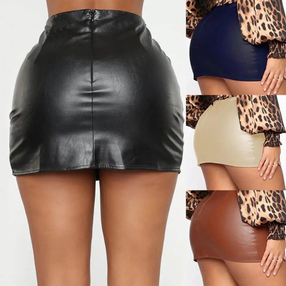 Women Leather Night Clubwear Skirts Summer Pure Color PUleather Zipper Sexy Hip MIni Faldas Mujer Moda y240924