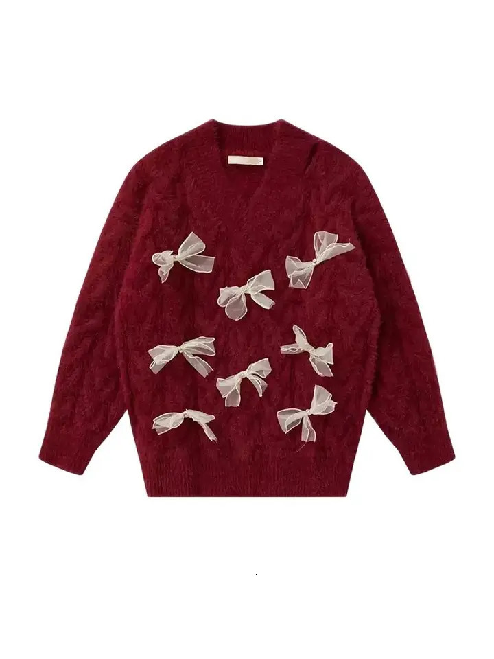 Womens Bow Sweater Pullover Sweater Y2k Long Sleeve V-neck Jumping Knitted Sweater Long Sleeve Top Autumn 240927