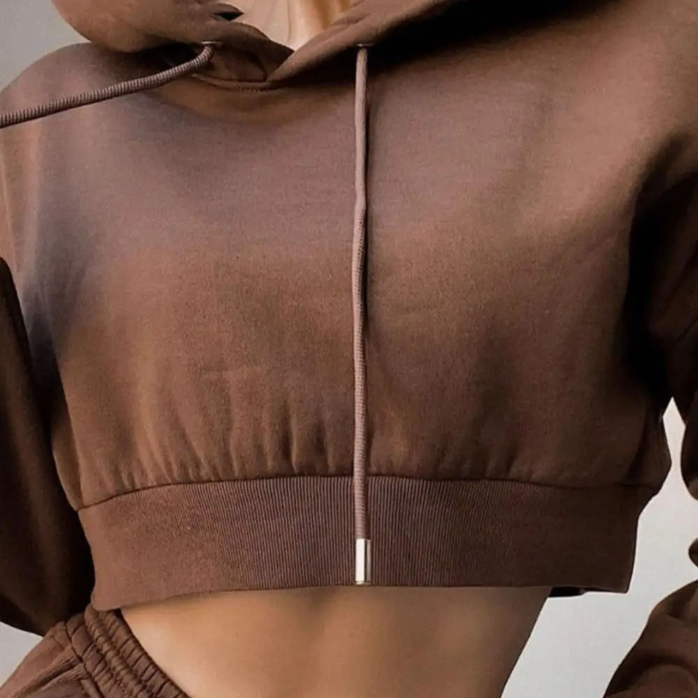 White Autumn Sexy Hoodies Pants Set Tracksuit Hooded Drawstring Women Long Sleeve Crop Top Hoodies Pockets Trousers for Sports 240930