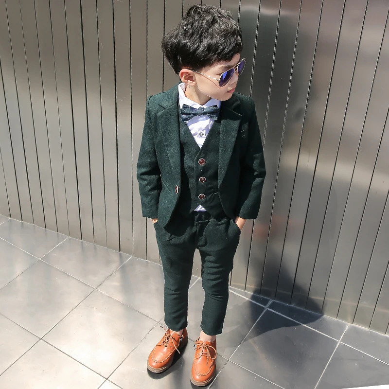 Boys dark green formal wedding party set childrens jacket vest pants tie 4-piece evening dress childrens performance pography costume 240925