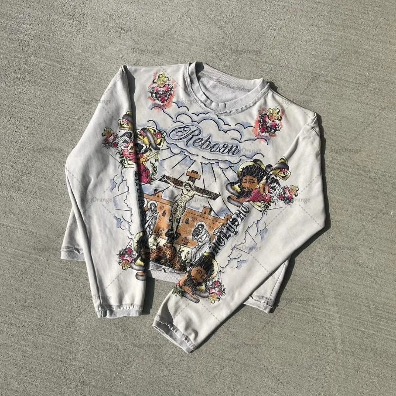 Gothic punk style graphic T-shirt Harajuku American retro oversized long sleeved mens street clothing fashionable casual top 240930