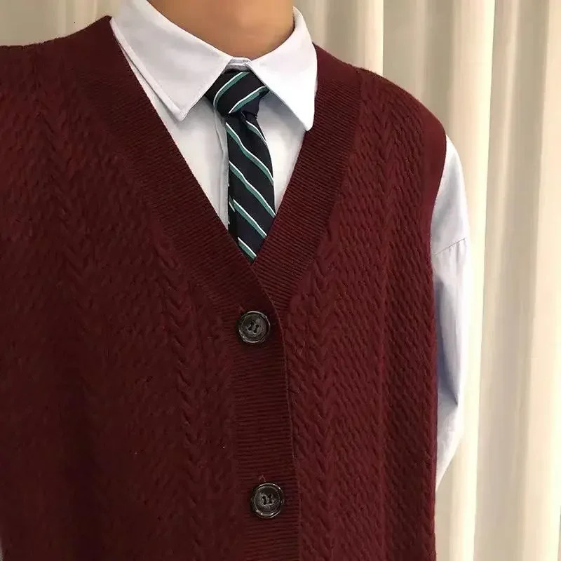 Knitted sweater mens red sleeveless vest mens clothing slotted button waist shirt cardigan selling product pure cotton A 240930
