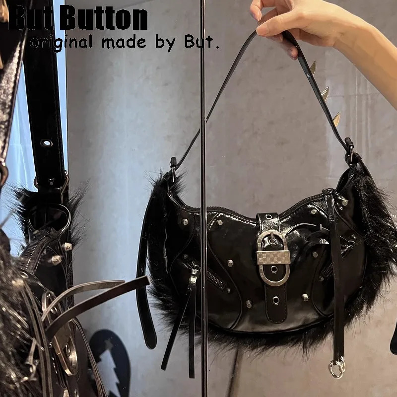 women Y2k girl Furry Harajuku Punk Advanced Rivet spike Gothic One Shoulder Handbag Womens punk Tote Steampunk Bags 240926