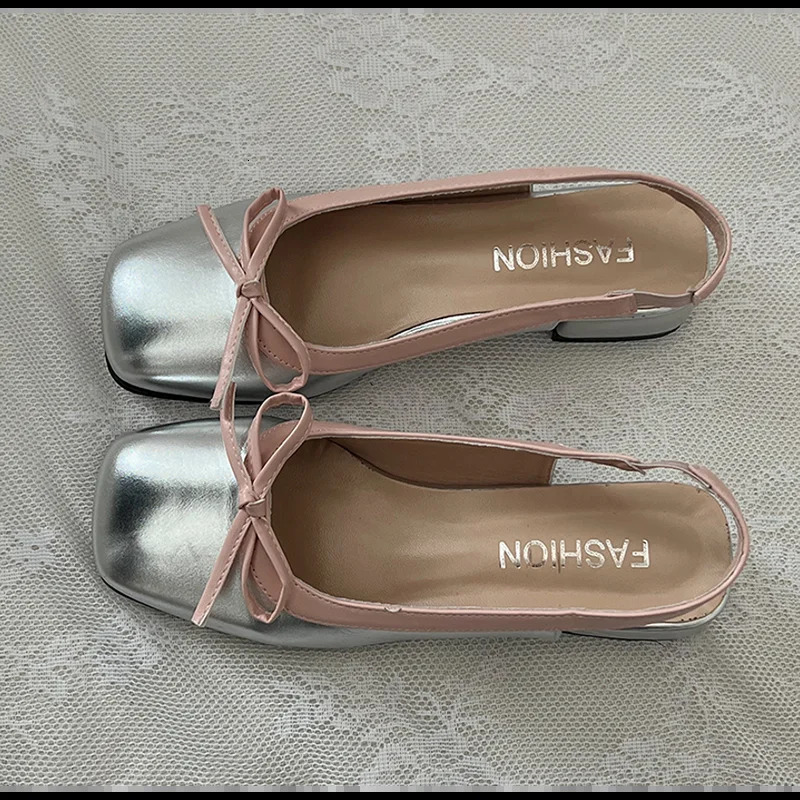 Women Low Heels Sliver Boat Square Toe Slip On Flat Shoes For Woman Ballet New Flats Comfortable Bow Quality Womens Sandals 240924