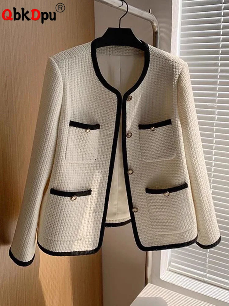 O-neck tweed single chest wool jacket Korean fashion womens fashion wool blend top Abrigos spring and summer elegant casual jacket 240930