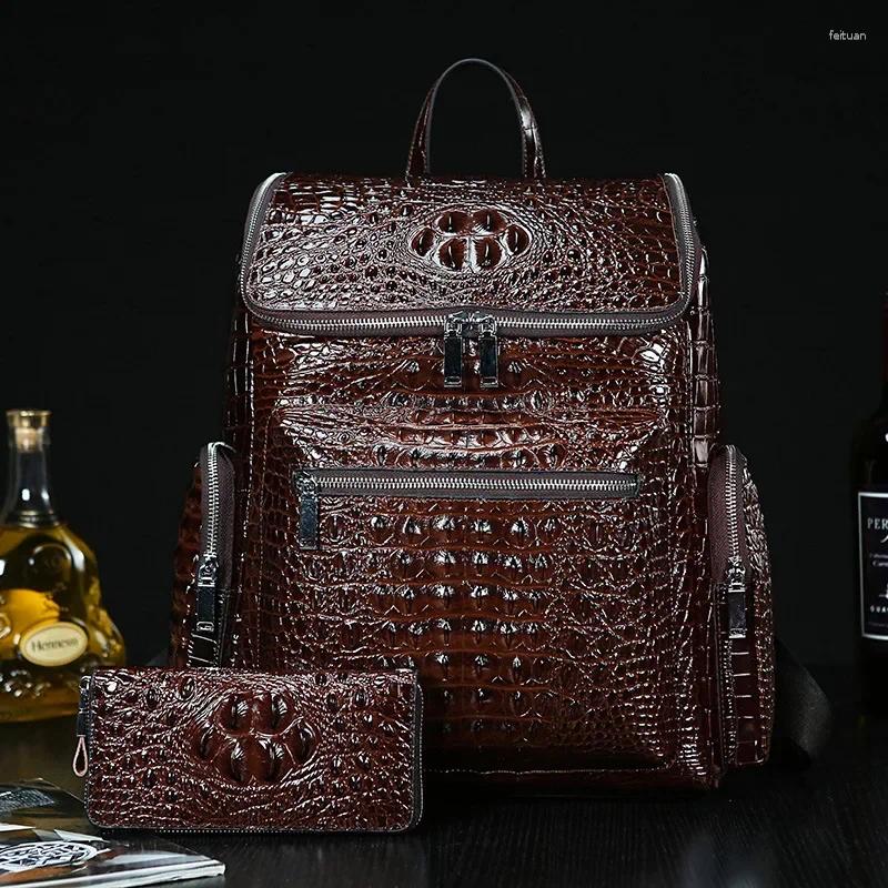 3 Backpack Cow Genuine Leather Alligator Men Backpac Real Natural Student Boy Large Computer Laptop Bag 4