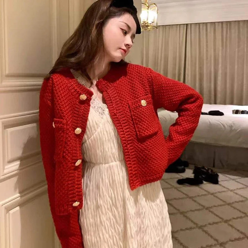 Knitted Cardigan French Vintage Gold Buttons Sweater Women Autumn Winter Short Straight Coat Knitwear Green Red 240924