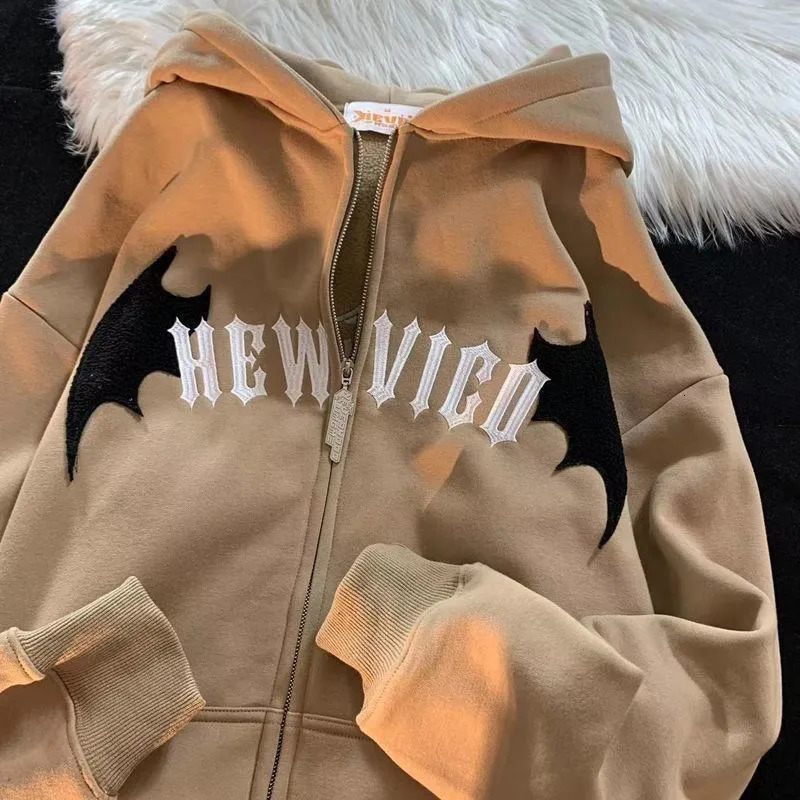 Zipper Hoodie Hip Hop Gothic Batwing Devil Horn Retro Gothic Jacket Mens Oversized Sportswear Harajuku Winter Y2K 240927
