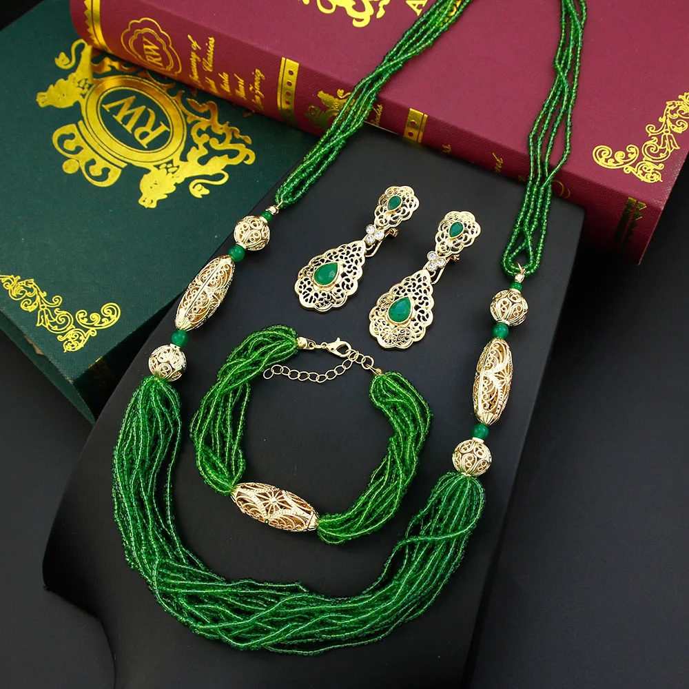 Sunspicems Chic Morocco Hand Bead Necklace Sets Crystal Earrings Rope Bracelet Arabic Women Bride Bead Wedding Jewelry Sets 240927