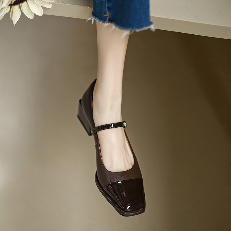 Chunky Heel Leather Shoes: Casual French Style for Women, Square Toe, Brown & Black 5891