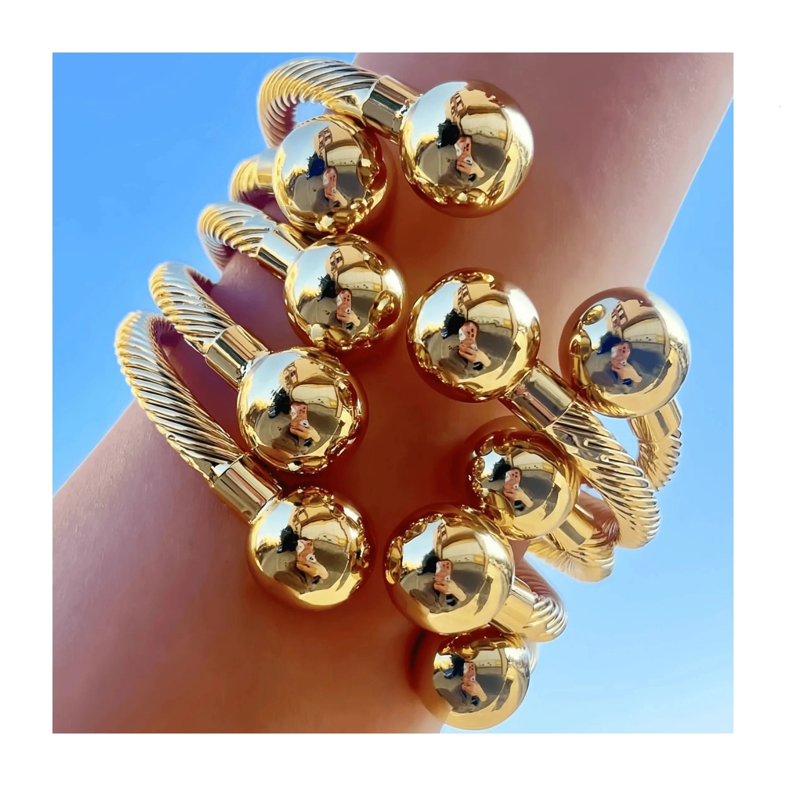 5Pcs 18K gold-plated copper charm ball cuff bracelet for women stackable daily fashion jewelry 240925