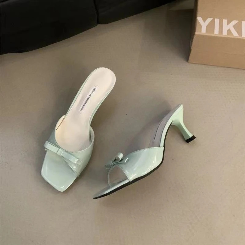 Summer Slippers Women Korean Fashion Womens High Heel Slippers Elegant Bow Embellished Modern Slippers Zapatos Mujer 240924