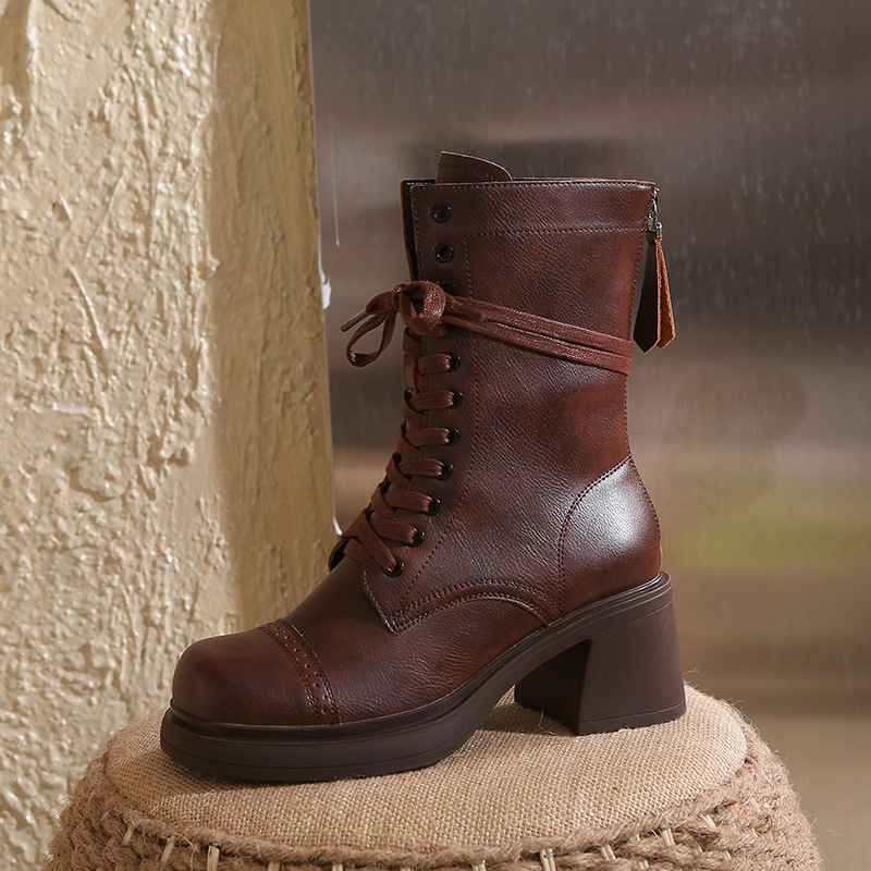 Mid Cut Lace-Up Boots: Korean Style Chunky Heels in Black & Brown 4b6f