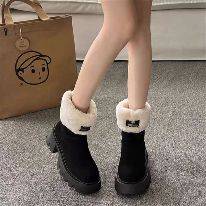 Winter Warm Thick Sole Heightening Fleece Trendy Fashion Boots | Triple Black Apricot c180