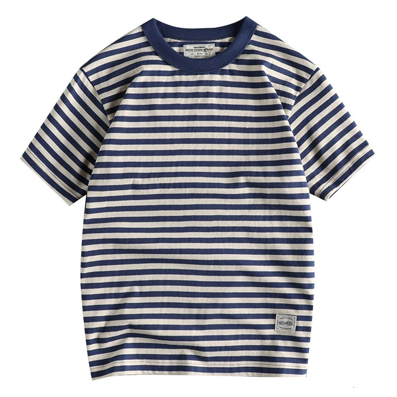 Retro Sailor Mens Striped T-shirt Summer Half Sleeve 250GSM Heavy duty 100% Cotton Washed T-shirt 240930