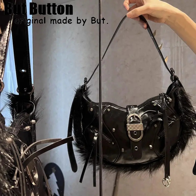 women Y2k girl Furry Harajuku Punk Advanced Rivet spike Gothic One Shoulder Handbag Womens punk Tote Steampunk Bags 240926