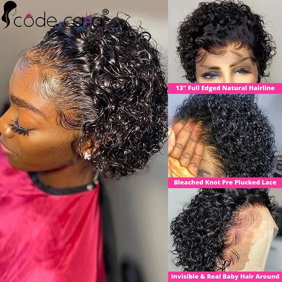 Short elf cut wig curled Bob lace front human hair wig suitable for black women 180 density 13X1 pre coated lace wig Brazilian weaving 240921