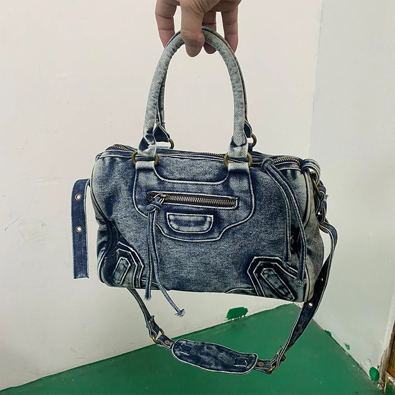 Large capacity womens handbag washed denim bicycle bag er city handbag fashion trend shoulder cross body bag 240926
