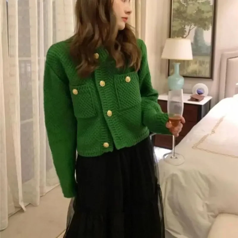 Knitted Cardigan French Vintage Gold Buttons Sweater Women Autumn Winter Short Straight Coat Knitwear Green Red 240924