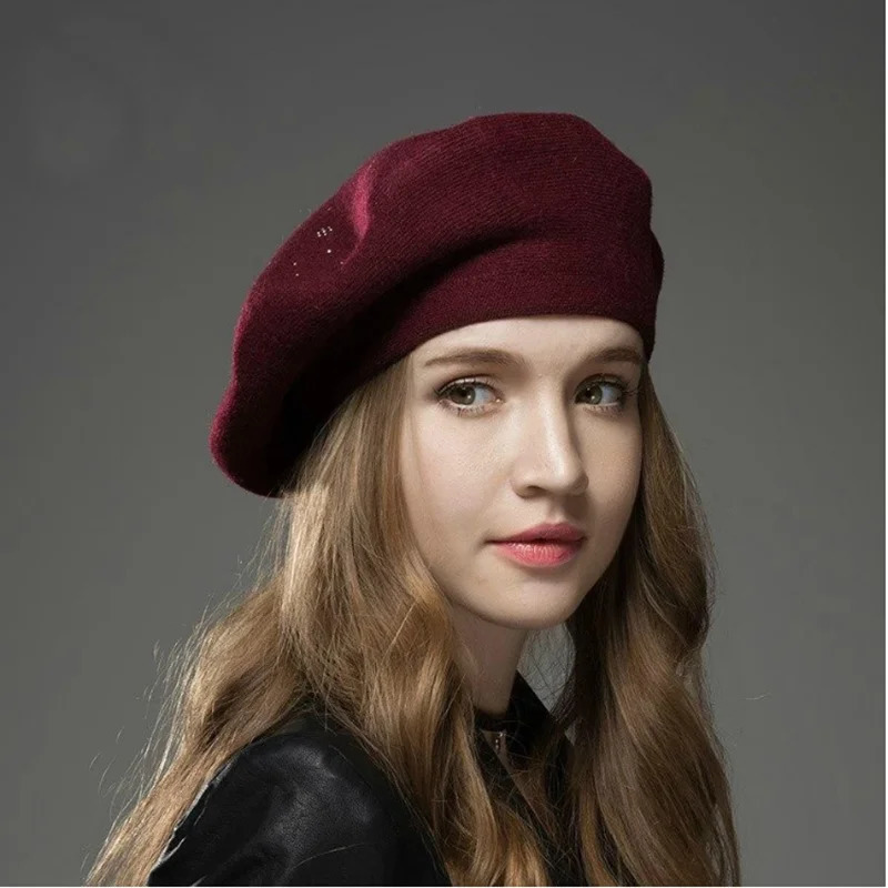 YLWHJJ Womens Berets Hat Fashion Solid Color Wool Knitted Berets With Rhinestones Ladies French Artist Beanie Beret Hat 240927