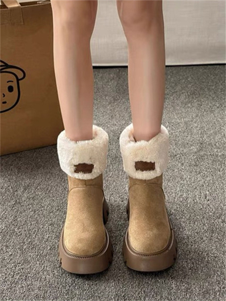 Winter Warm Thick Sole Heightening Fleece Trendy Fashion Boots | Triple Black Apricot c180