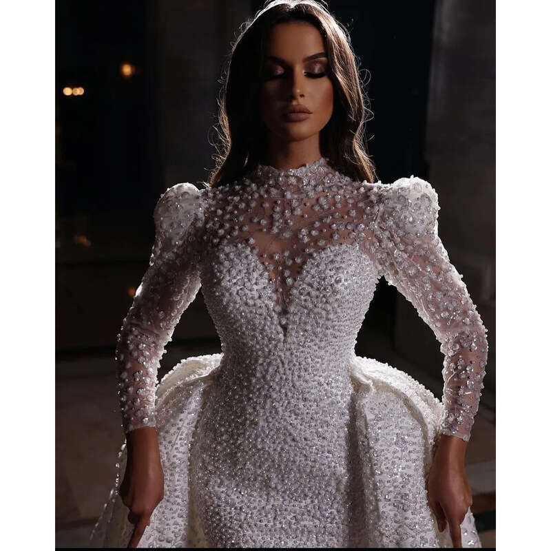 Dress Detachable With Wedding Mermaid Train Lace Pearl Crystal Arabic Trumpet Bridal Gowns Long Sleeves Robe