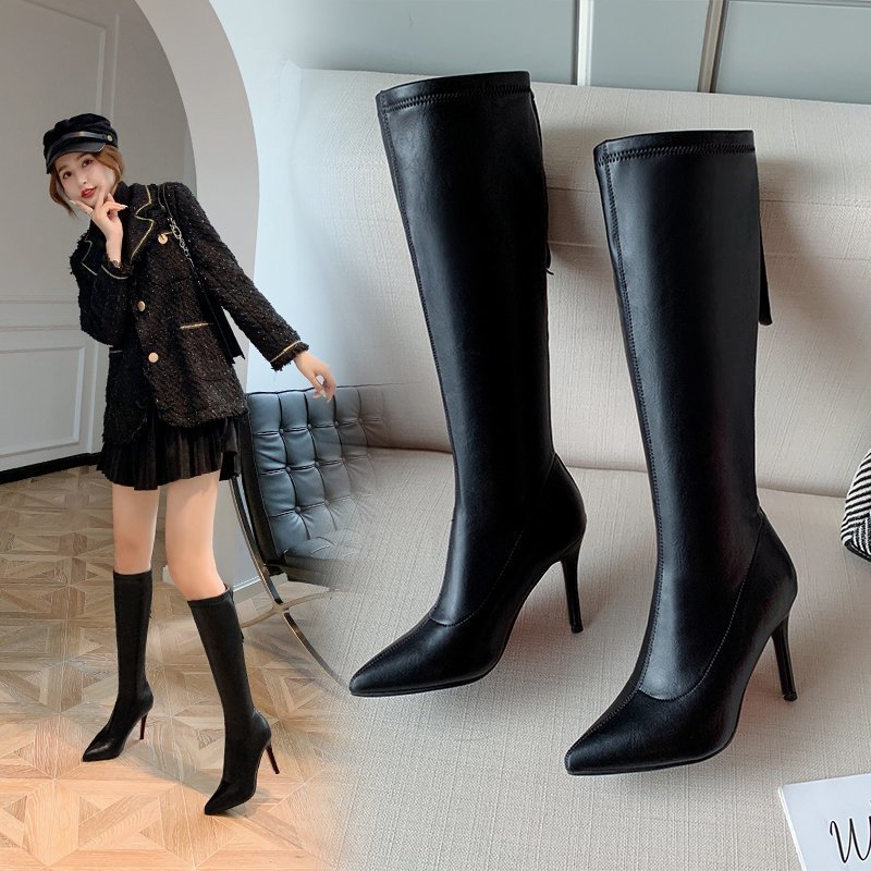 Women Pointed Toe Boots High Heel Knee-length Boots Stiletto Heel Sexy Style Fleece Boots Winter Warm Fashion Design Triple Black Free shipping