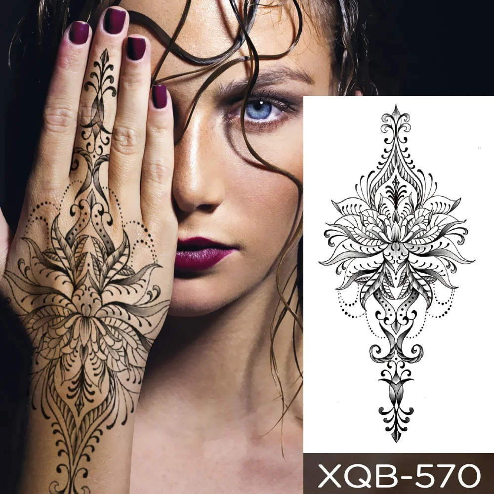 Indian Henna Hand Painted Transfer Waterproof Temporary Tattoo Sticker Moon Lotus Mandala Chain Body Art Tattoos Women Men 240925