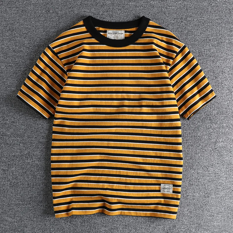 Retro Sailor Mens Striped T-shirt Summer Half Sleeve 250GSM Heavy duty 100% Cotton Washed T-shirt 240930