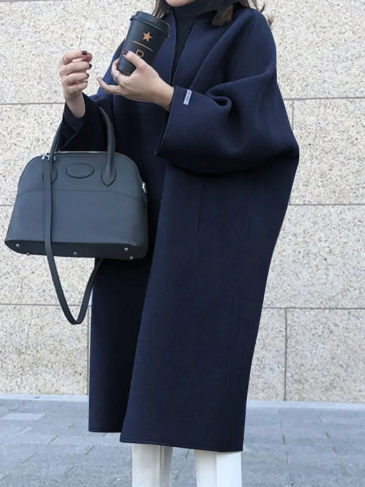 Elegant Woolen Coat for Women Streetwear Casual Korean Fashion Jackets Solid Pockets O Neck Autumn Winter Coats 240927