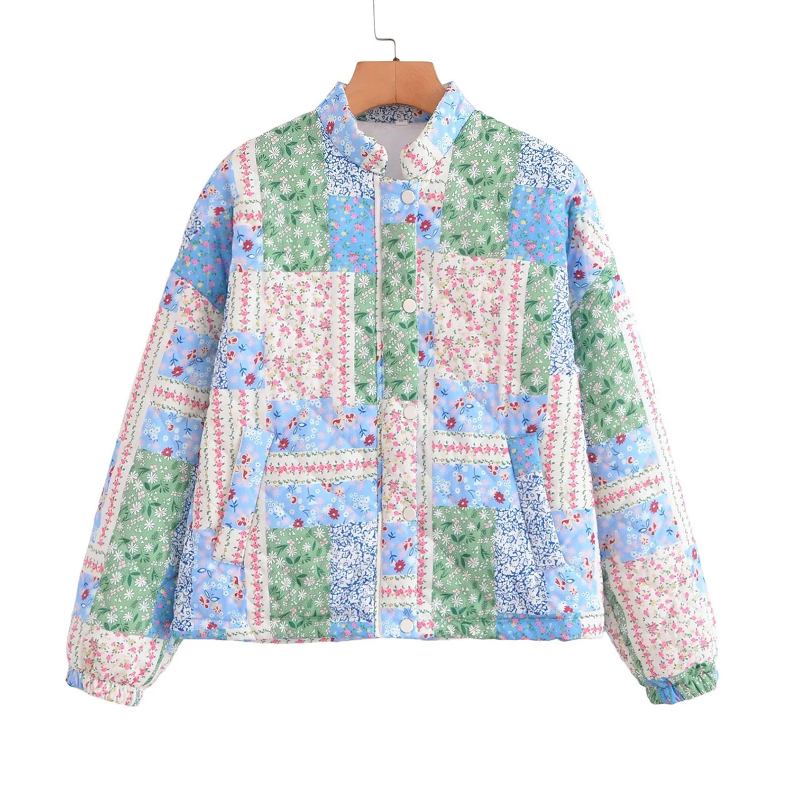 Womens Y2K floral puff jacket for winter warmth retro patch work quilted jacket long sleeved button up jacket with pockets 240924 - view 6