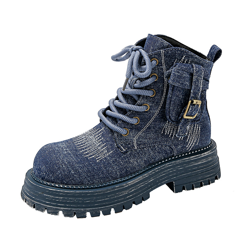 Vintage distressed denim boots with thick soles British style short boot