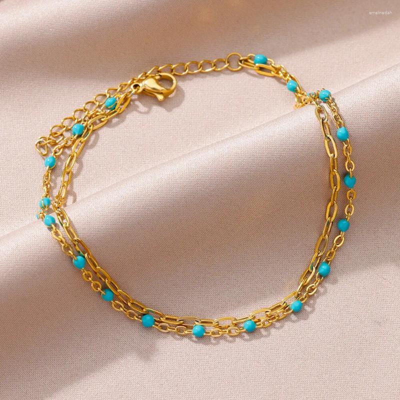Anklets Blue Beads Double Layer For Women Gold Color Stainless Steel Ankle Bracelet Female Foot Chain On The Leg Jewelry