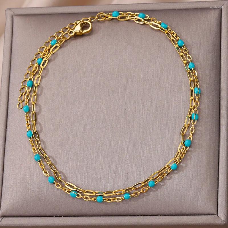 Anklets Blue Beads Double Layer For Women Gold Color Stainless Steel Ankle Bracelet Female Foot Chain On The Leg Jewelry