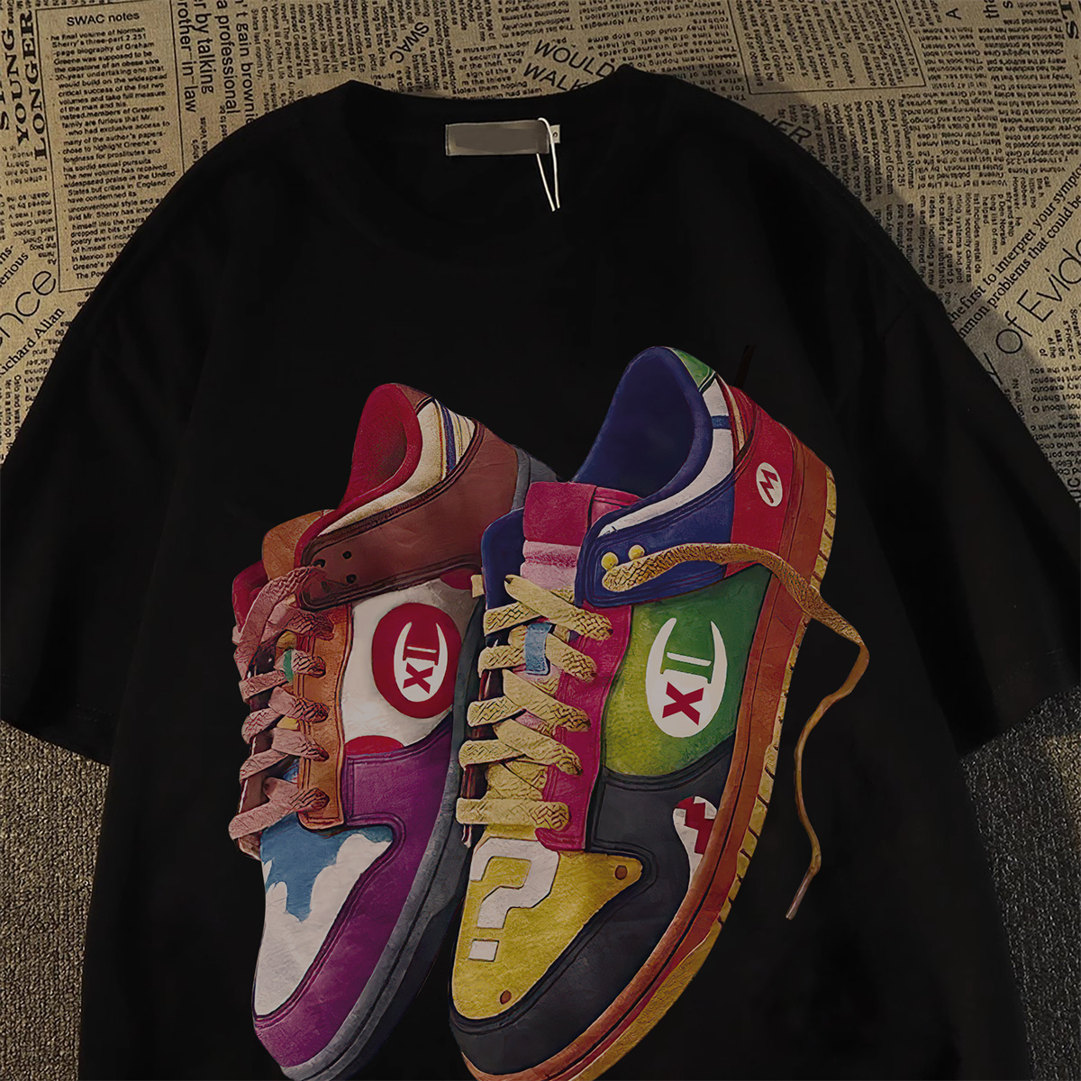 Fun parody shoes printed pure cotton short sleeved t-shirt for women men in spring and summer 2024 new American trend couple top ins