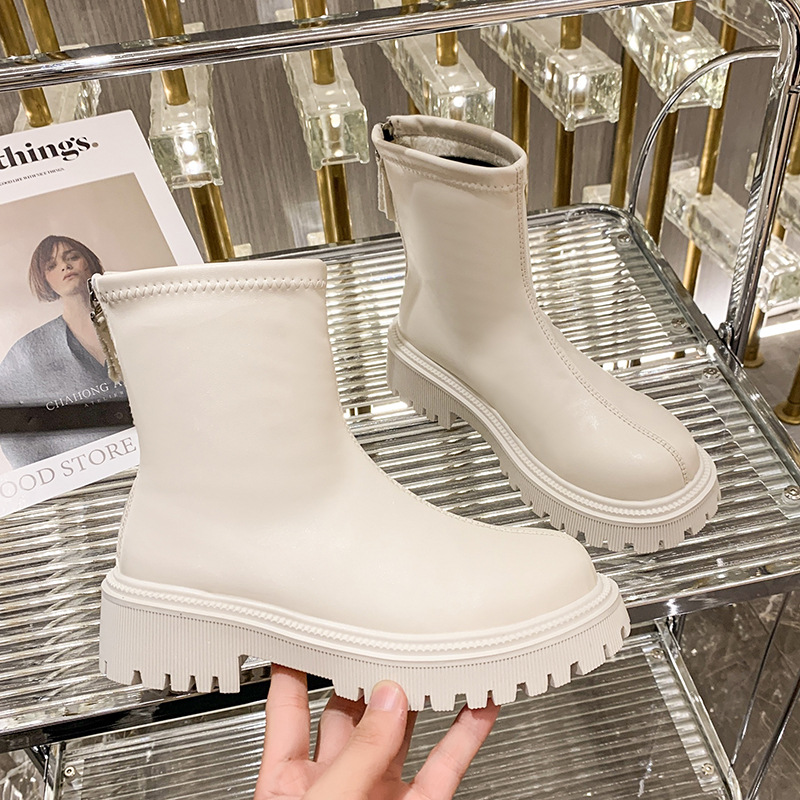 Martin Boots: 2024 Fashion Leather Round Toe Solid Color Plus Size Shoes d87f