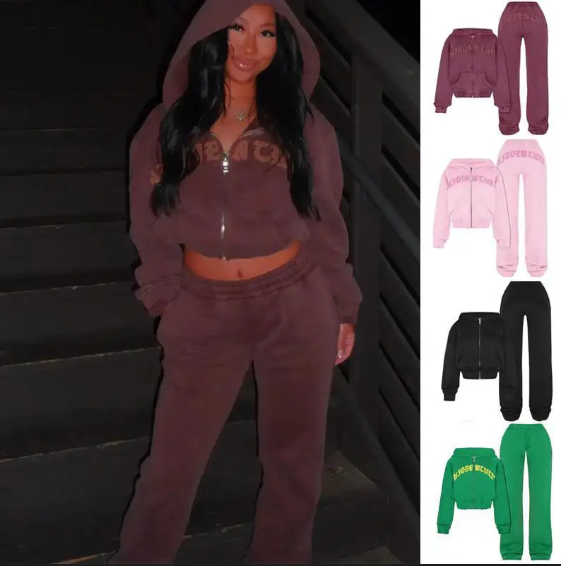 Womens Y2K letter printed hoodie twopiece set Hip Hop Harajuku retro sweatshirt punk Trouser elastic waist 240930