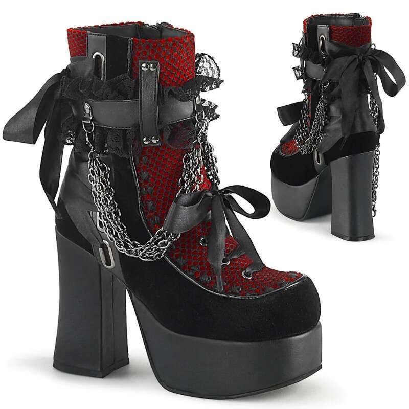 Gothic Style Chain Lace Up Bow Women Short Retro Round Toe Square Heel Chunky Platform Ankle Boots Punk Ladies Party Shoes