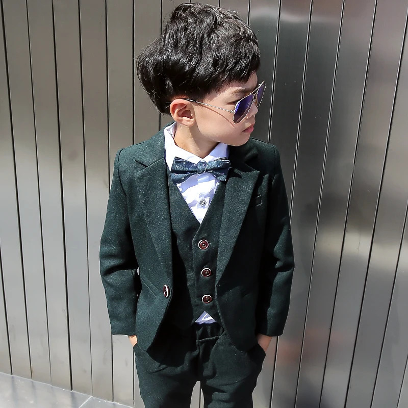 Boys dark green formal wedding party set childrens jacket vest pants tie 4-piece evening dress childrens performance pography costume 240925