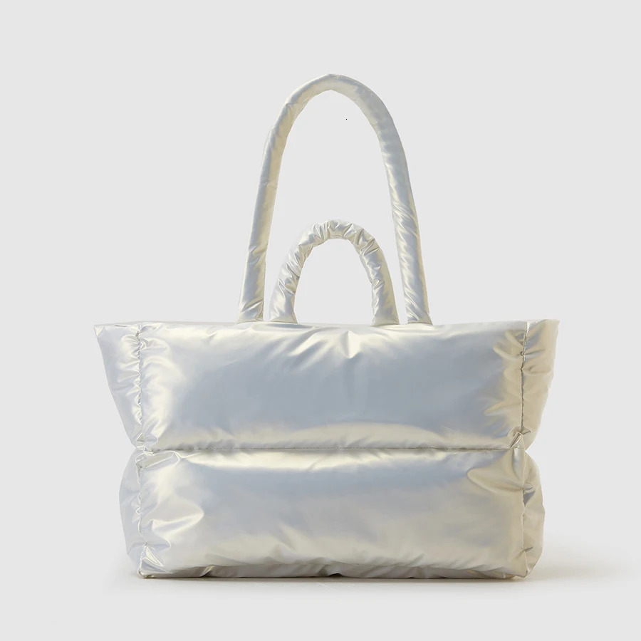 Fashion Padded Large Tote Bag er Puffer Women Shoulder Bags Nylon Waterproof Lady Handbags Silver Soft Puffy Bag 240930
