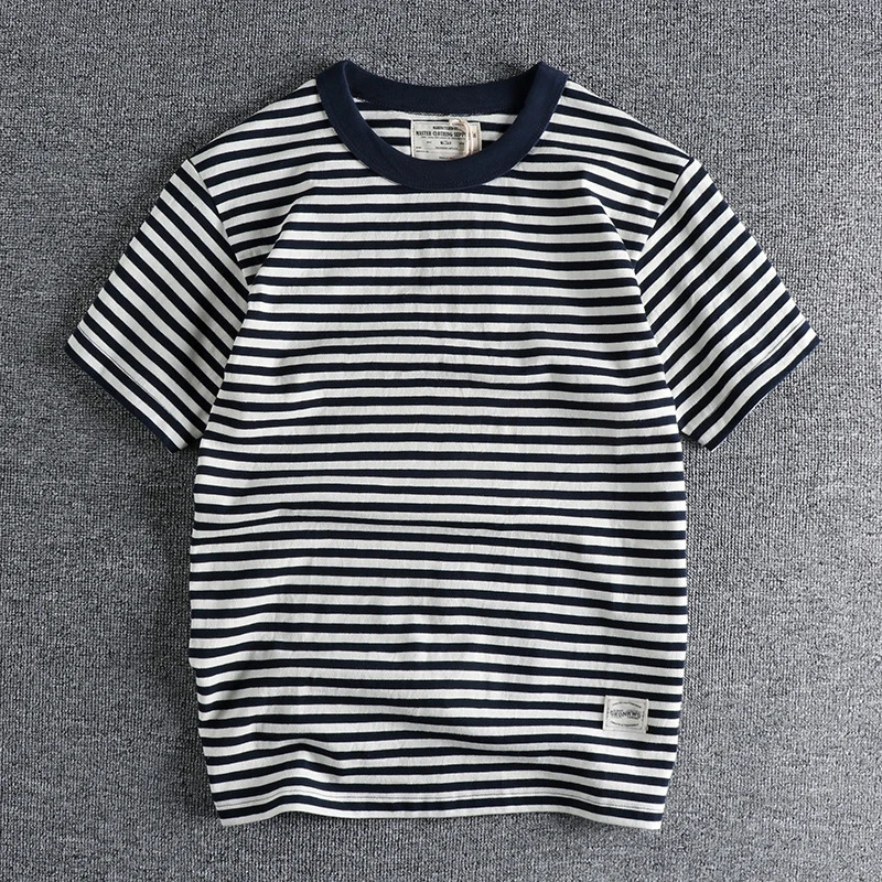 Retro Sailor Mens Striped T-shirt Summer Half Sleeve 250GSM Heavy duty 100% Cotton Washed T-shirt 240930