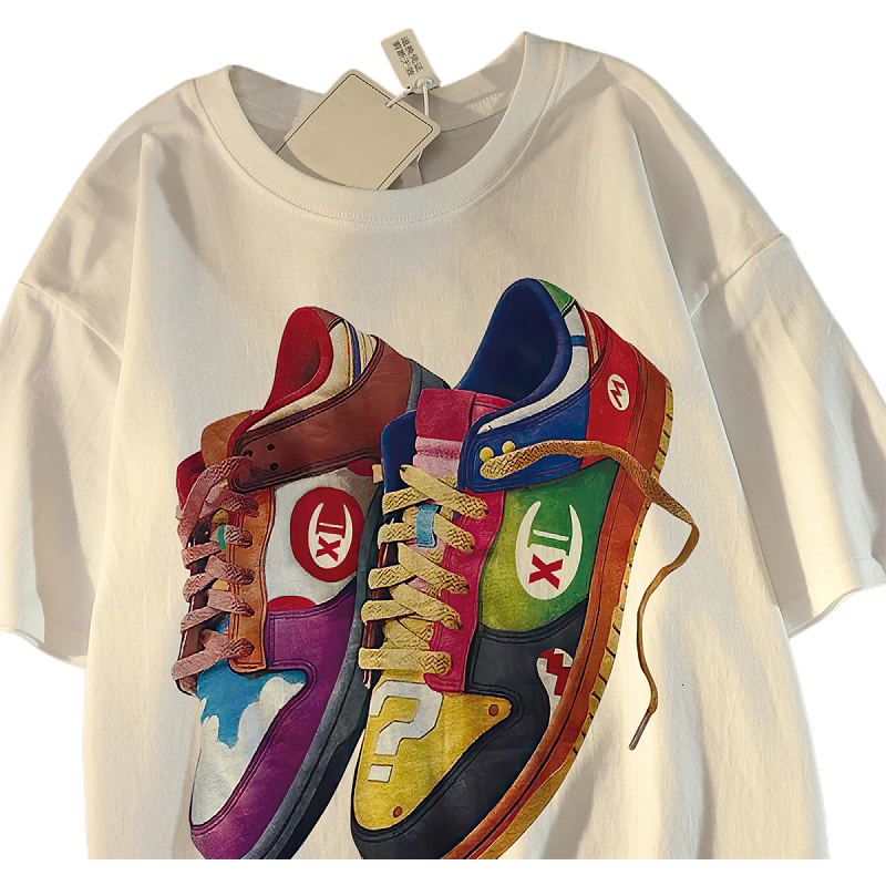 Fun parody shoes printed pure cotton short sleeved t-shirt for women men in spring and summer 2024 new American trend couple top ins
