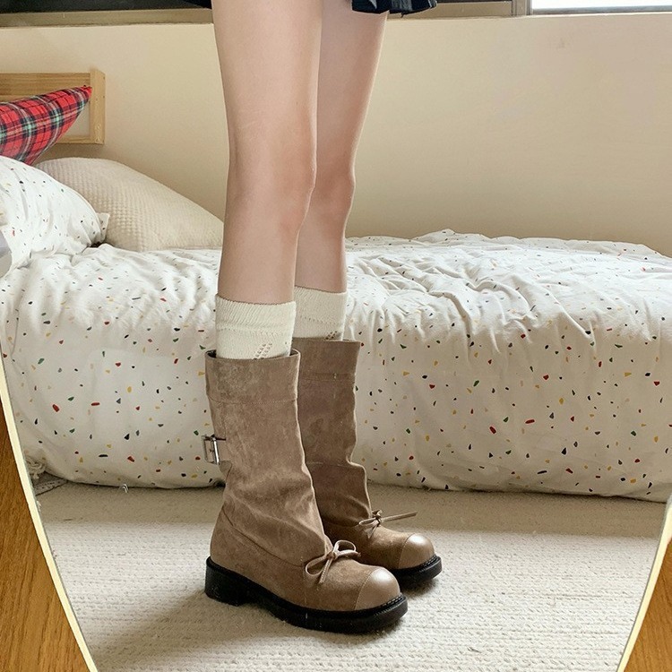 Stylish 2024 Women's Khaki Boots: Round Toe, Bow Design, Thick Sole, Versatile France Style e286