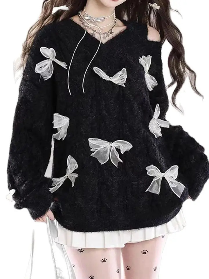 Womens Bow Sweater Pullover Sweater Y2k Long Sleeve V-neck Jumping Knitted Sweater Long Sleeve Top Autumn 240927